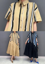 Black Patchwork Cotton Long Dress Asymmetrical Wrinkled Summer