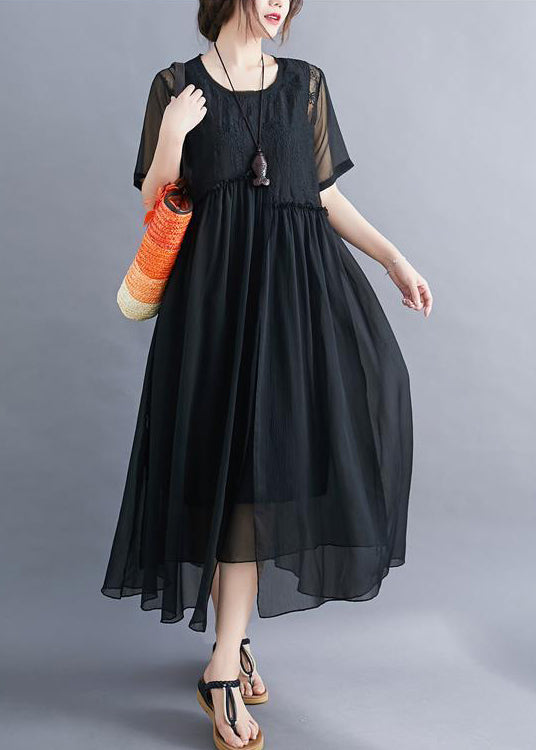 Black Patchwork Cotton Long Dress Embroideried Wrinkled Summer