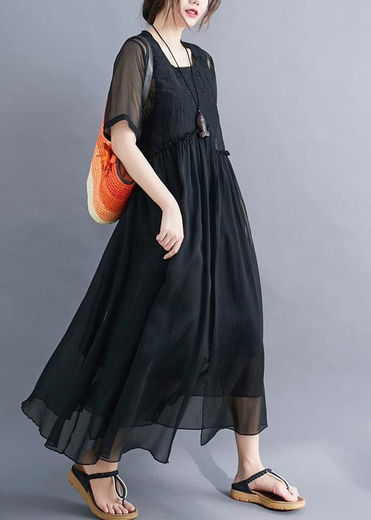 Black Patchwork Cotton Long Dress Embroideried Wrinkled Summer