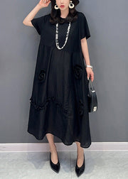 Black Patchwork Cotton Long Dress O Neck Ruffled Summer