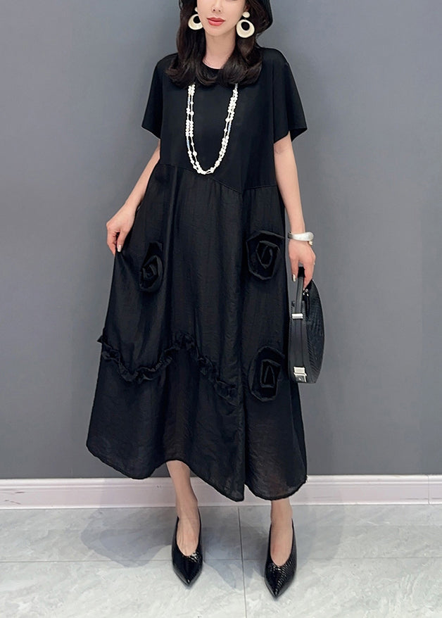 Black Patchwork Cotton Long Dress O Neck Ruffled Summer