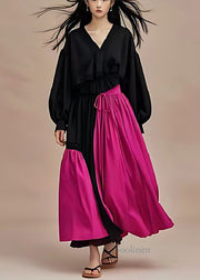 Black Patchwork Cotton Long Dress V Neck Cinched Spring