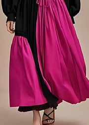 Black Patchwork Cotton Long Dress V Neck Cinched Spring