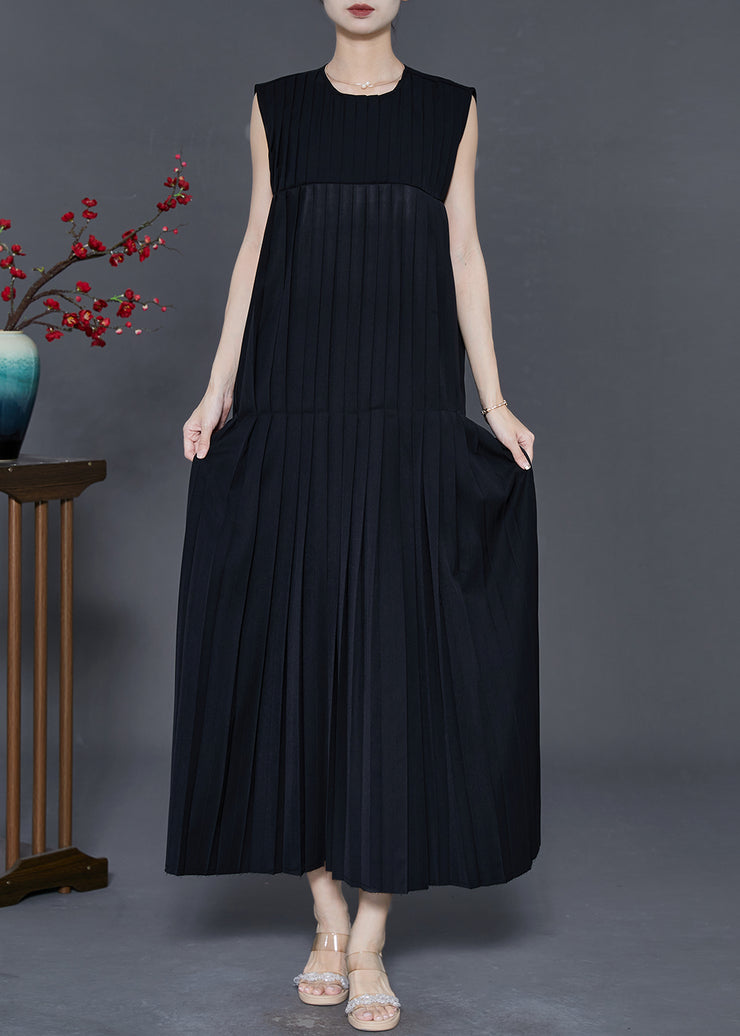 Black Patchwork Cotton Long Dress Wrinkled Sleeveless