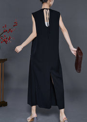 Black Patchwork Cotton Long Dress Wrinkled Sleeveless