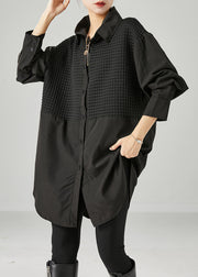 Black Patchwork Cotton Long Shirt Oversized Fall