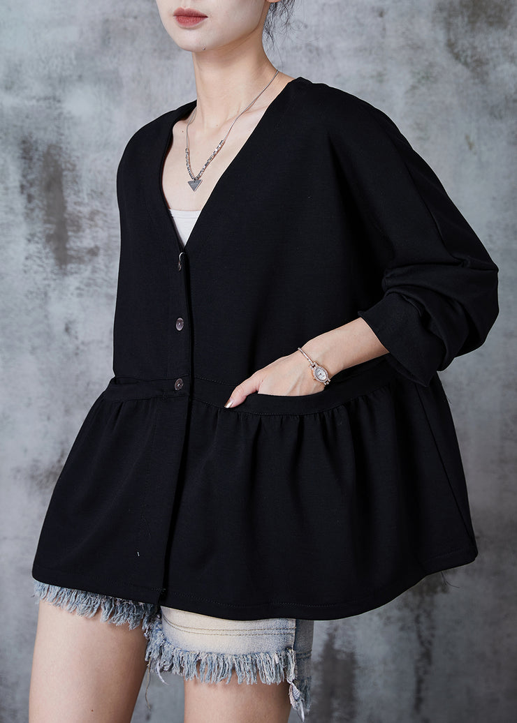 Black Patchwork Cotton Loose Jacket V Neck Fall