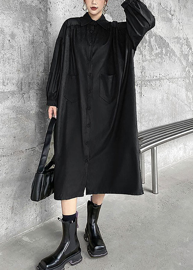 Black Patchwork Cotton Maxi Dress Oversized Wrinkled Spring