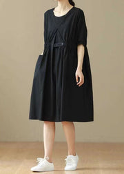 Black Patchwork Cotton Mid Dresses O Neck Wrinkled Summer