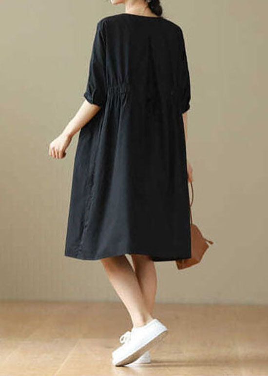 Black Patchwork Cotton Mid Dresses O Neck Wrinkled Summer