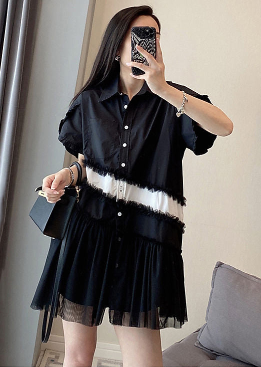 Black Patchwork Cotton Mini Dresses Oversized Wrinkled Summer