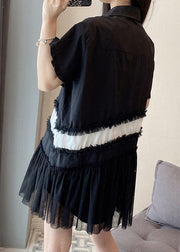 Black Patchwork Cotton Mini Dresses Oversized Wrinkled Summer