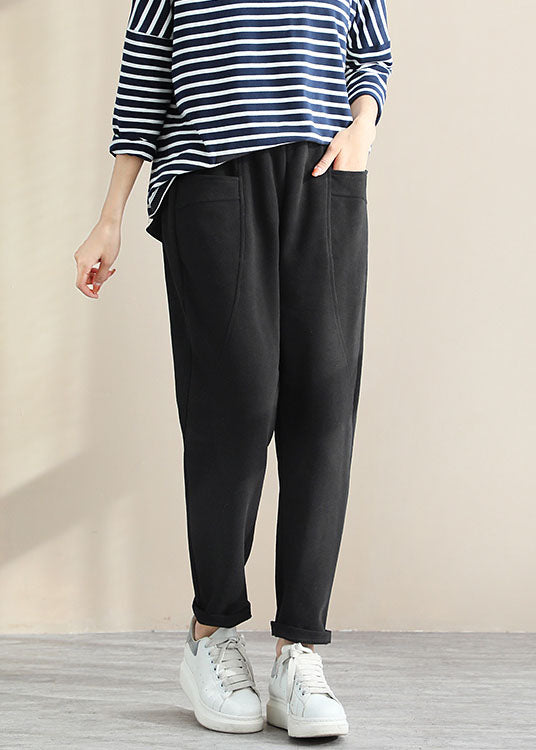 Black Patchwork Cotton Pants Pockets Solid Color Spring