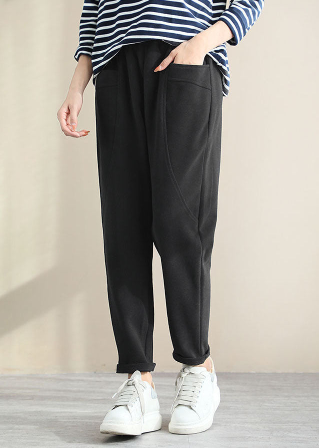 Black Patchwork Cotton Pants Pockets Solid Color Spring