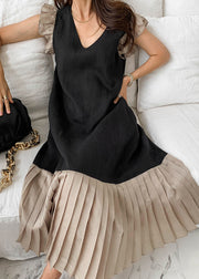 Black Patchwork Cotton Pleated Dress Butterfly Sleeve