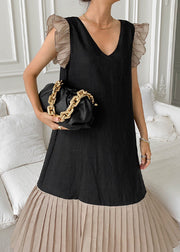 Black Patchwork Cotton Pleated Dress Butterfly Sleeve