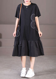 Black Patchwork Cotton Pleated Dress O-Neck Solid Color Short Sleeve