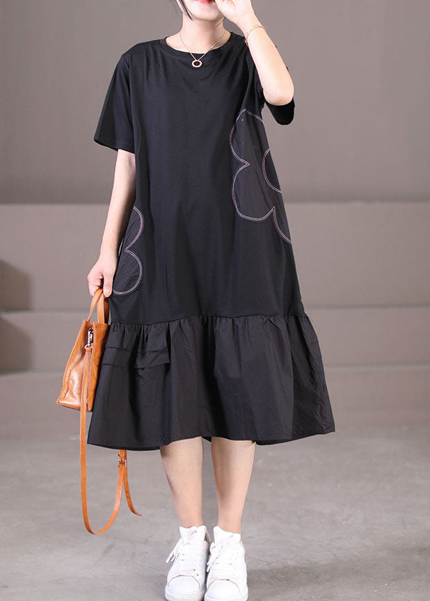 Black Patchwork Cotton Pleated Dress O-Neck Solid Color Short Sleeve