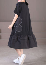 Black Patchwork Cotton Pleated Dress O-Neck Solid Color Short Sleeve