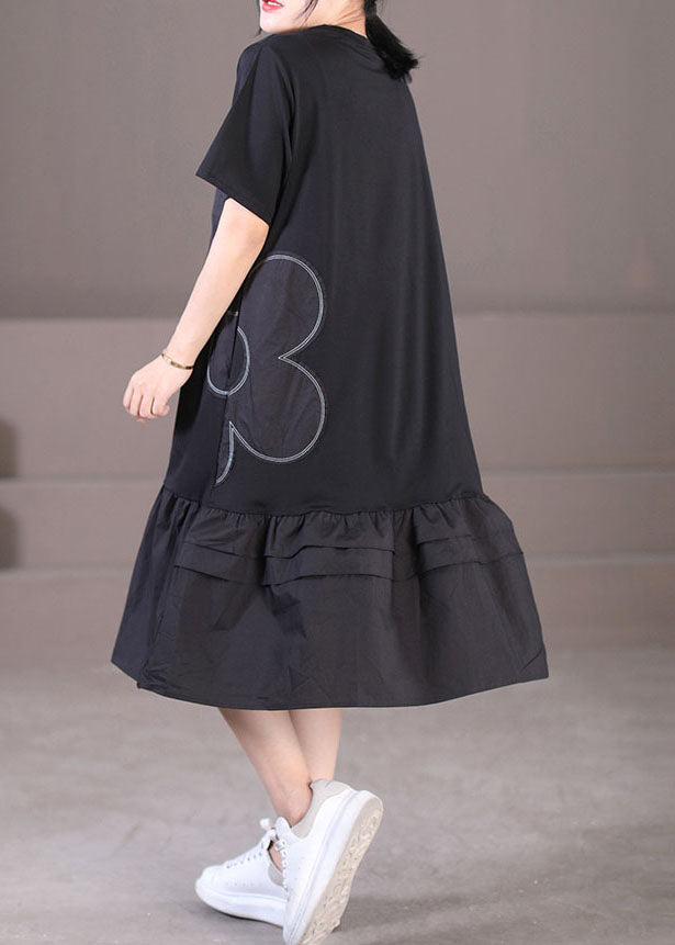 Black Patchwork Cotton Pleated Dress O-Neck Solid Color Short Sleeve