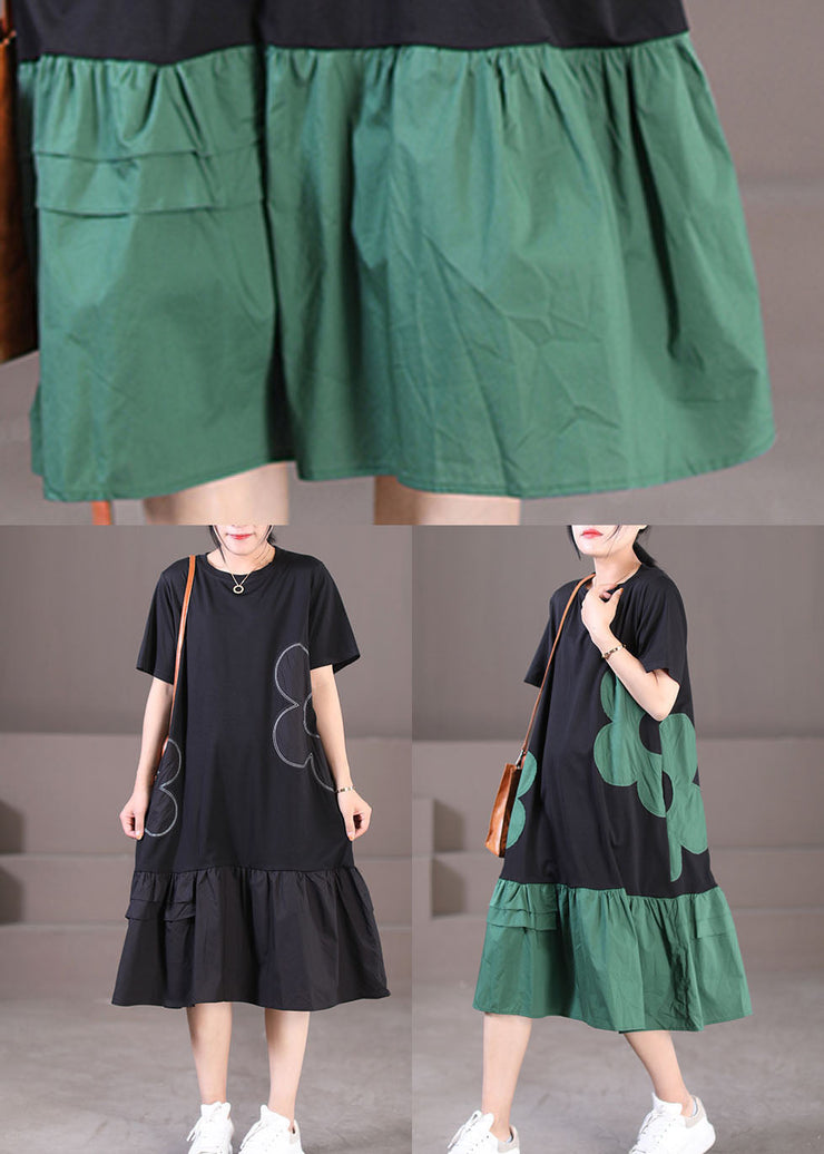 Black Patchwork Cotton Pleated Dress O-Neck Solid Color Short Sleeve