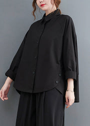 Black Patchwork Cotton Shirt Top Oversized Pockets Fall