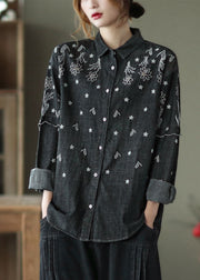 Black Patchwork Cotton Shirt Top Peter Pan Collar Embroideried Spring