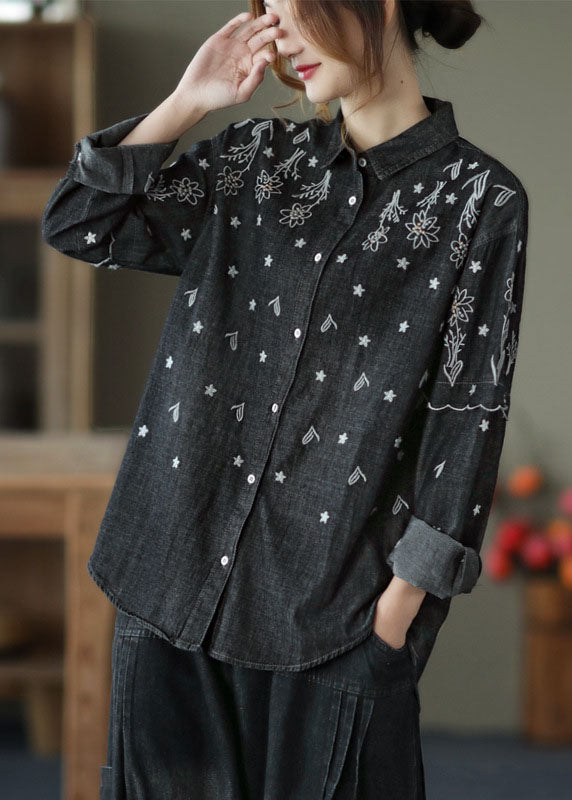 Black Patchwork Cotton Shirt Top Peter Pan Collar Embroideried Spring