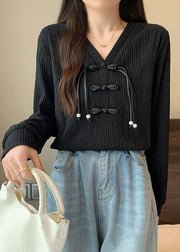 Black Patchwork Cotton Shirt Top V Neck Tassel Fall