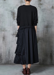 Black Patchwork Cotton Sweatshirt Dress Layered Ruffled Spring