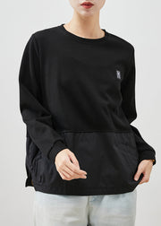 Black Patchwork Cotton Sweatshirt Streetwear Oversized Spring