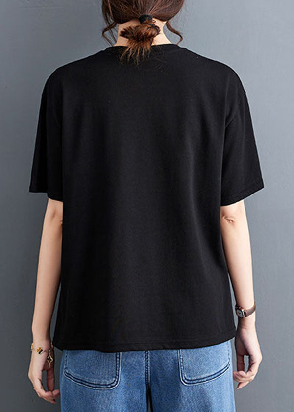 Black Patchwork Cotton T Shirt Tops Asymmetrical O Neck Summer