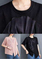 Black Patchwork Cotton T Shirt Tops Asymmetrical O Neck Summer