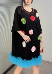 Black Patchwork Cotton T Shirts Dress Ruffled Floral Summer