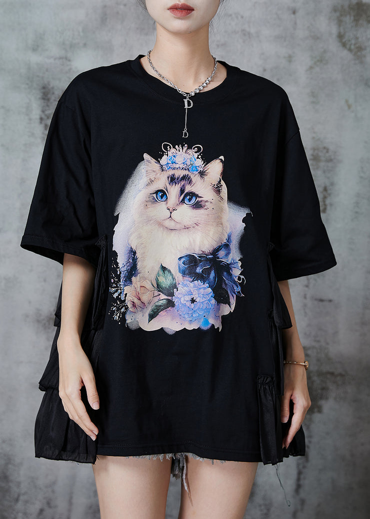 Black Patchwork Cotton Tank Oversized Cat Print Summer