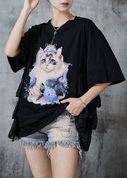 Black Patchwork Cotton Tank Oversized Cat Print Summer