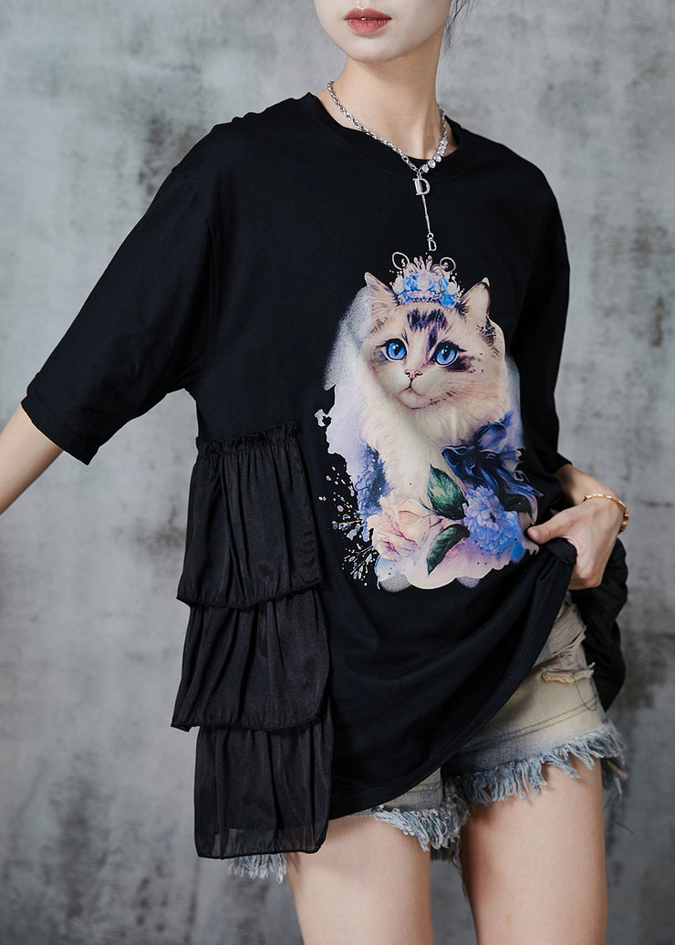 Black Patchwork Cotton Tank Oversized Cat Print Summer