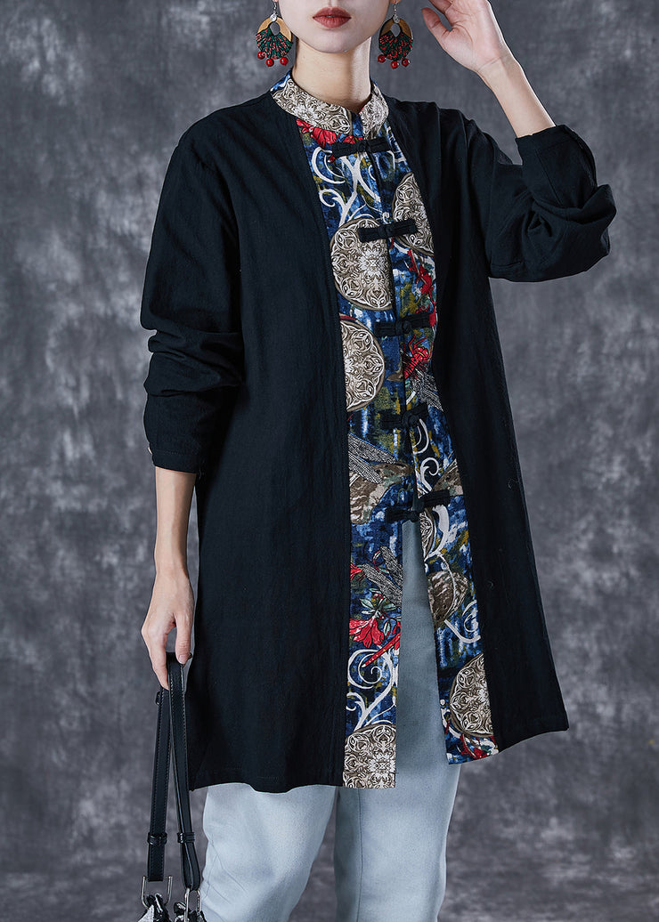 Black Patchwork Cotton Top Oversized Chinese Button Fall