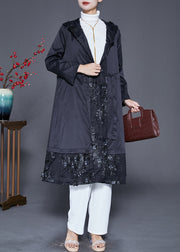 Black Patchwork Cotton Trench Embroideried Hooded Fall