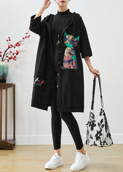 Black Patchwork Cotton Trench Oversized Cat Print Fall