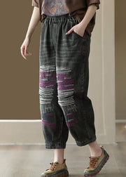 Black Patchwork Denim Loose Crop Pants Elastic Waist