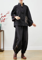 Black Patchwork Denim Two Piece Set Chinese Button Print Fall