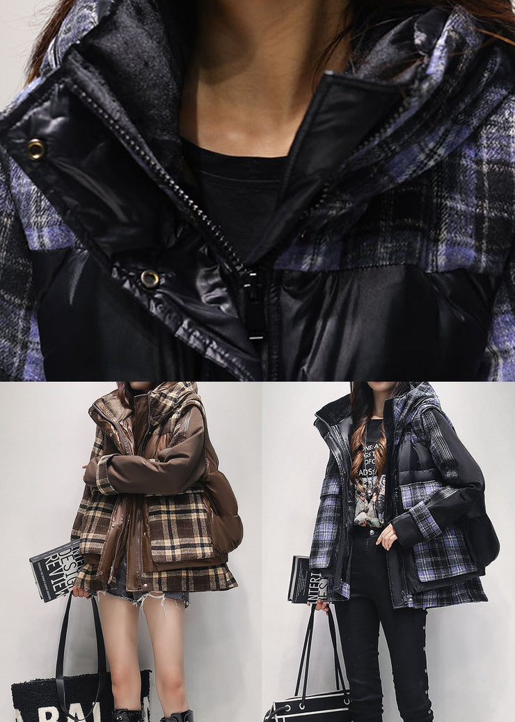 Black Patchwork Duck Down Jackets Hooded False Two Pieces Winter