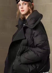 Black Patchwork Duck Down Puffer Coat Zip Up Letter Print Winter