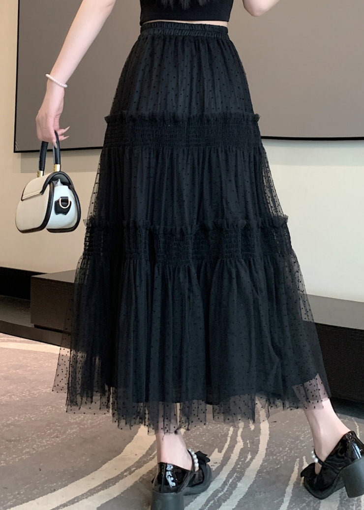 Black Patchwork Italian Tulle Skirt Ruffled Elastic Waist Spring