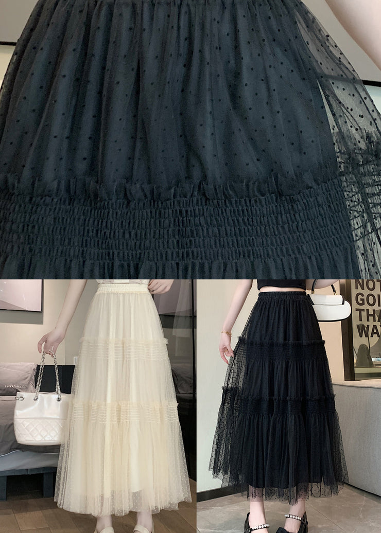 Black Patchwork Italian Tulle Skirt Ruffled Elastic Waist Spring