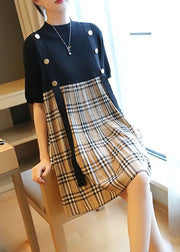 Black Patchwork Knit Fake Two Piece Dress Oversized Plaid Summer