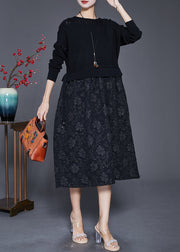 Black Patchwork Knit Holiday Dresses Jacquard Fall