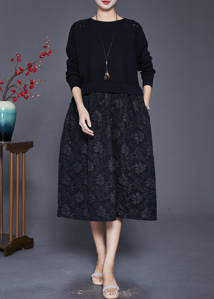 Black Patchwork Knit Holiday Dresses Jacquard Fall