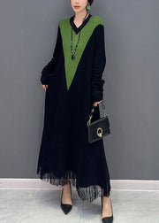 Black Patchwork Knit Long Dress V Neck Tassel Spring